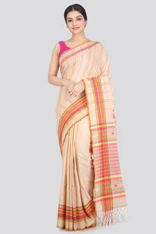 Women's beige pure cotton handloom sarees With Blouse