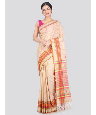 Women's beige pure cotton handloom sarees With Blouse 1