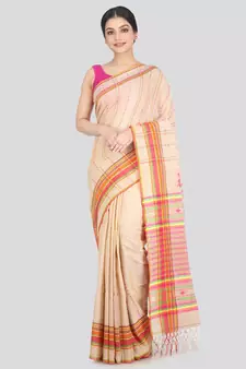 Women's beige pure cotton handloom sarees With Blouse