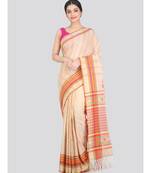Women's beige pure cotton handloom sarees With Blouse