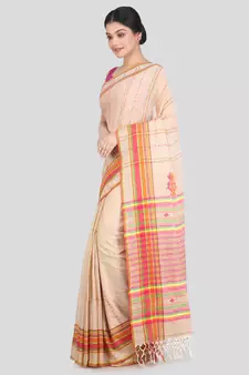Women's beige pure cotton handloom sarees With Blouse