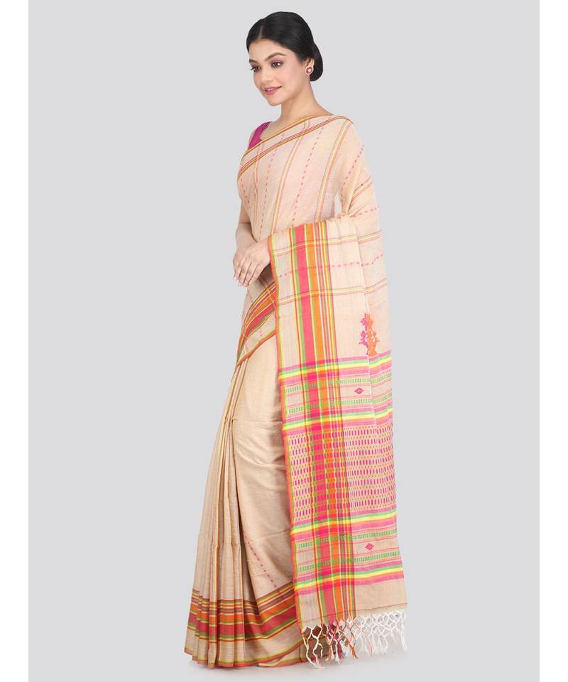 Women's beige pure cotton handloom sarees With Blouse