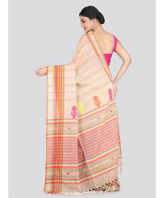 Women's beige pure cotton handloom sarees With Blouse 3