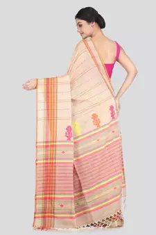 Women's beige pure cotton handloom sarees With Blouse
