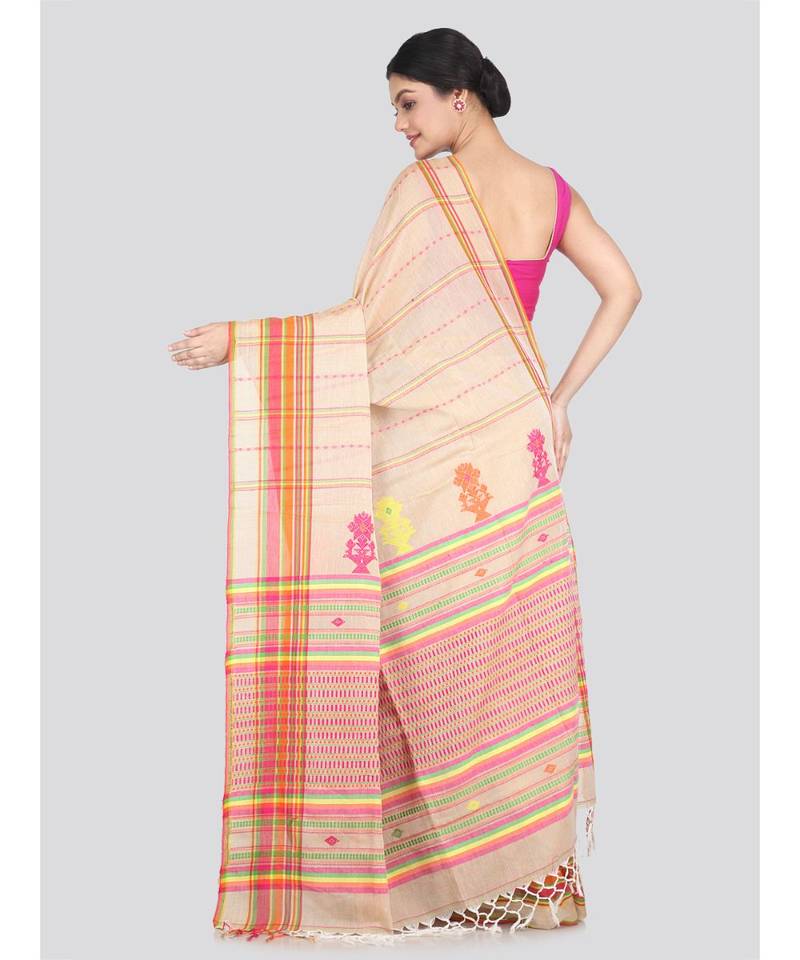 Women's beige pure cotton handloom sarees With Blouse