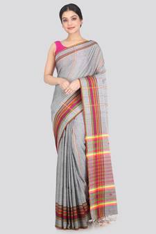 Women's grey pure cotton handloom sarees With Blouse