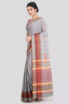 Women's grey pure cotton handloom sarees With Blouse