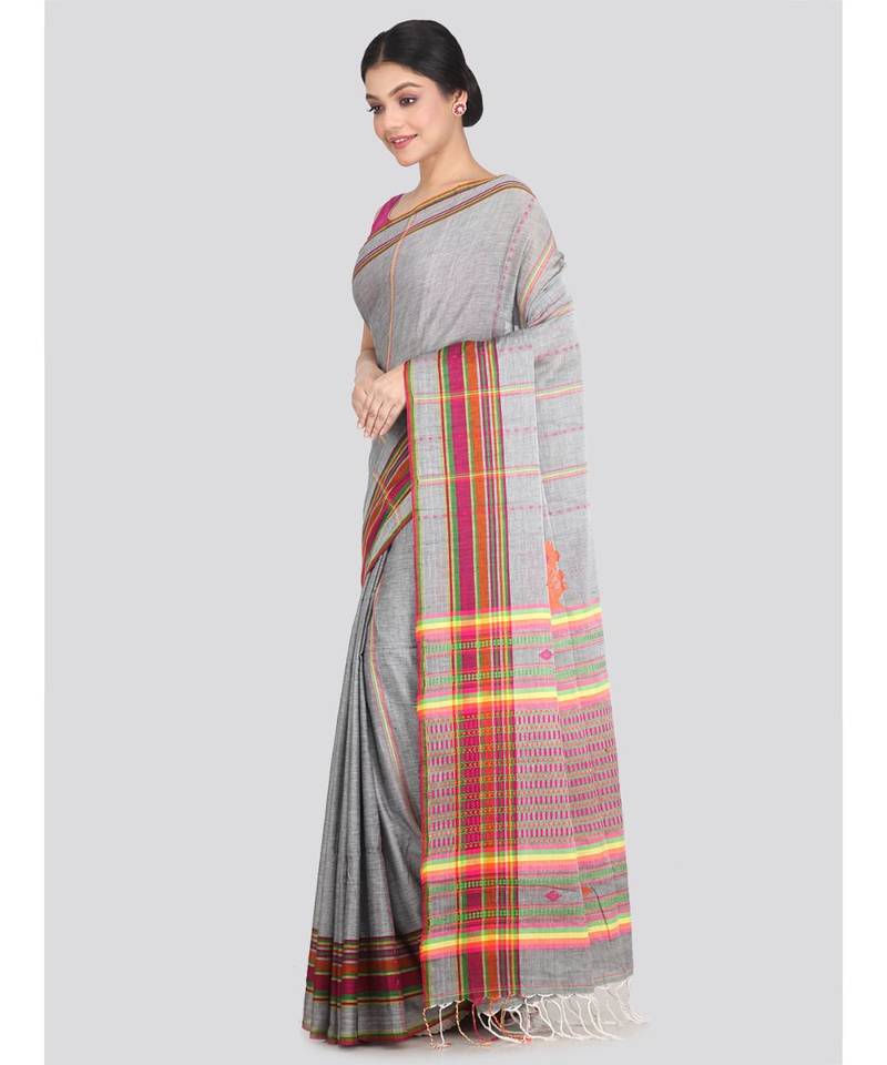 Women's grey pure cotton handloom sarees With Blouse