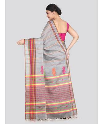 Women's grey pure cotton handloom sarees With Blouse 3