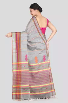 Women's grey pure cotton handloom sarees With Blouse