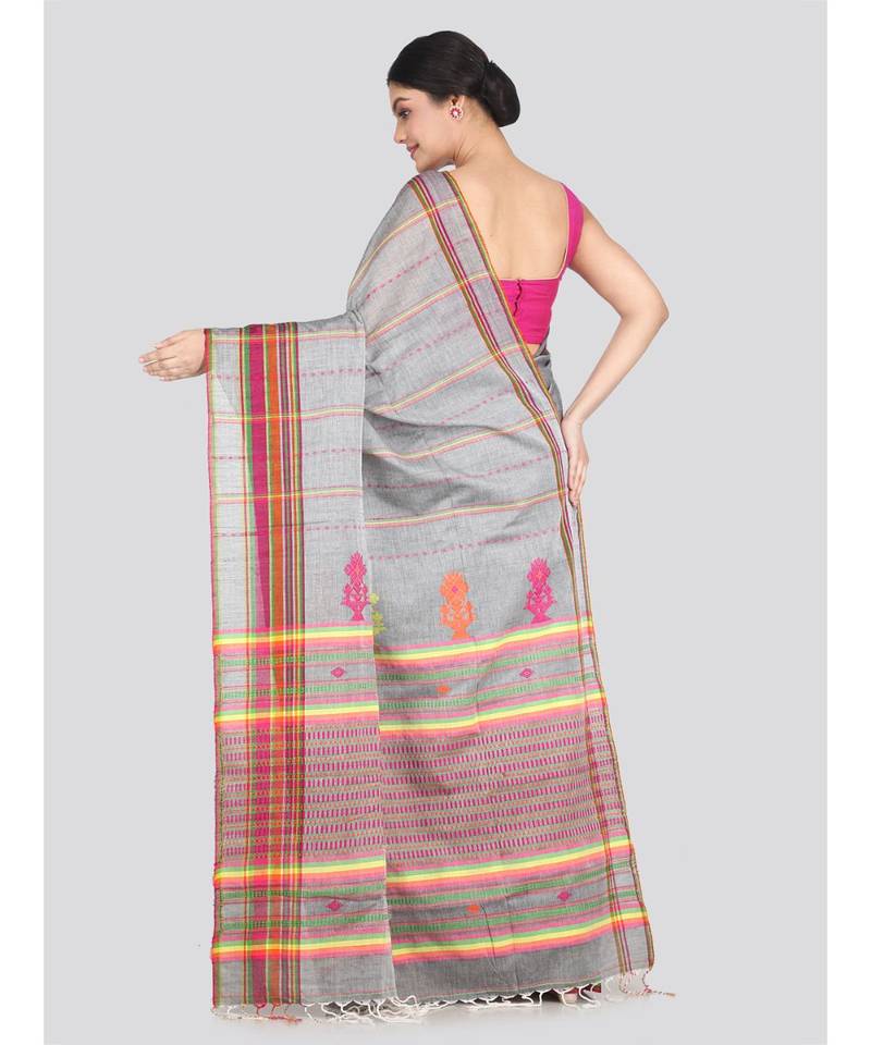 Women's grey pure cotton handloom sarees With Blouse