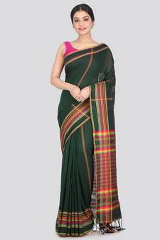 Women's green pure cotton handloom sarees With Blouse