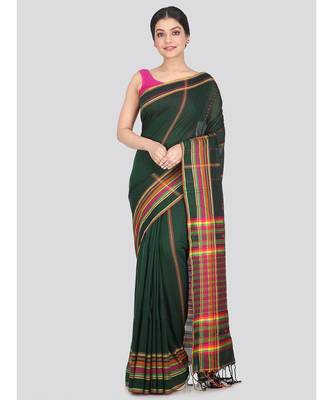 Women's green pure cotton handloom sarees With Blouse 1