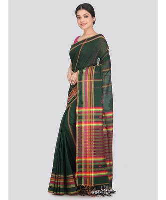 Women's green pure cotton handloom sarees With Blouse 2