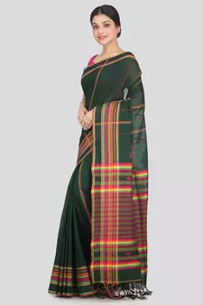 Women's green pure cotton handloom sarees With Blouse