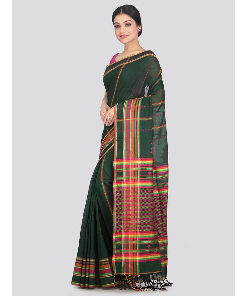 Women's green pure cotton handloom sarees With Blouse
