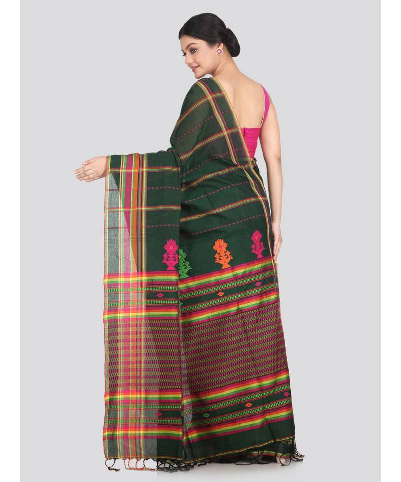 Women's green pure cotton handloom sarees With Blouse