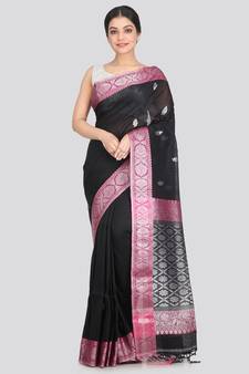 Women's black pure linen handloom sarees With Blouse