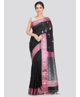 Women's black pure linen handloom sarees With Blouse 1
