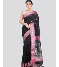 Women's black pure linen handloom sarees With Blouse