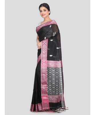 Women's black pure linen handloom sarees With Blouse 2