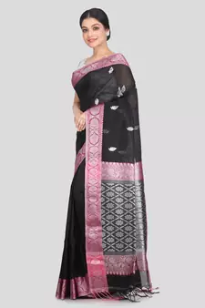 Women's black pure linen handloom sarees With Blouse