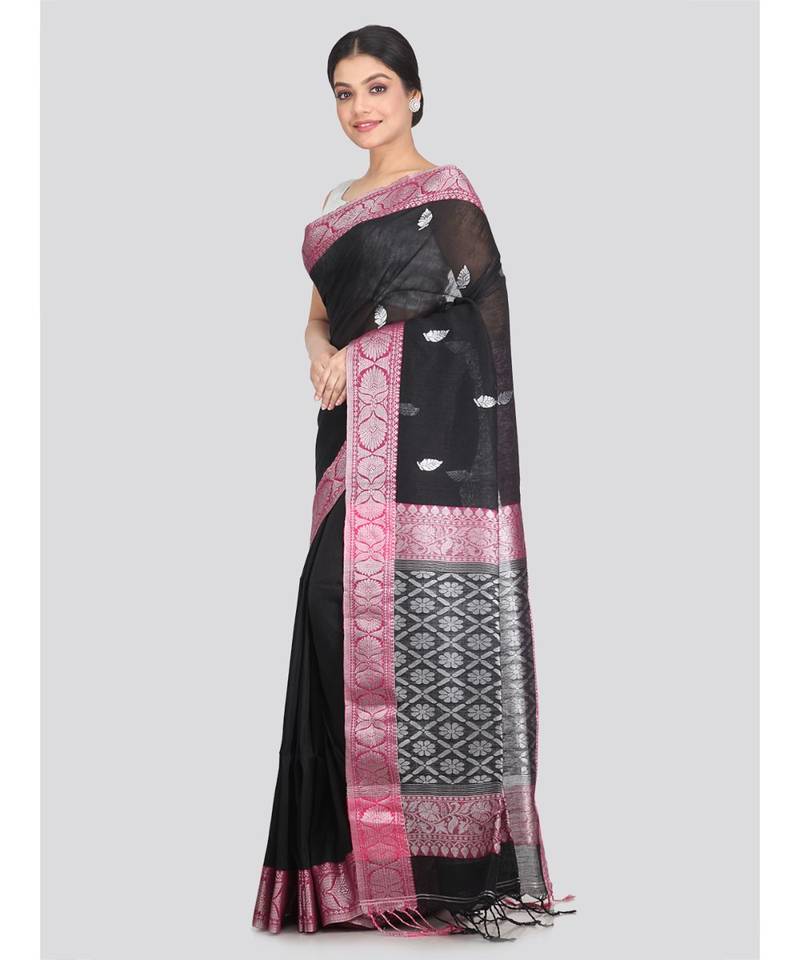 Women's black pure linen handloom sarees With Blouse
