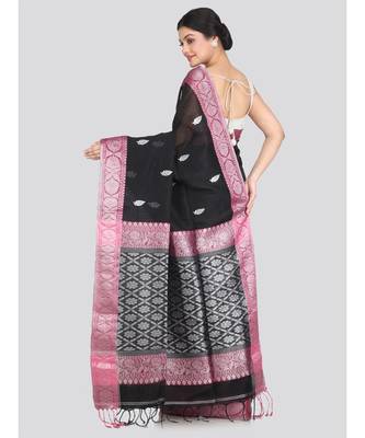 Women's black pure linen handloom sarees With Blouse 3