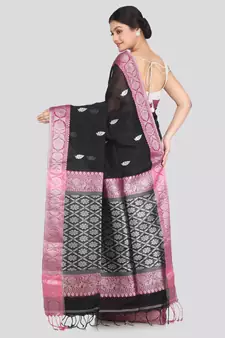 Women's black pure linen handloom sarees With Blouse