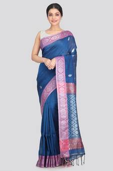 Women's blue pure linen handloom sarees With Blouse