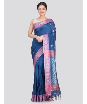 Women's blue pure linen handloom sarees With Blouse 1