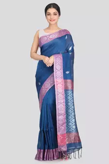 Women's blue pure linen handloom sarees With Blouse