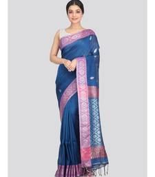 Women's blue pure linen handloom sarees With Blouse