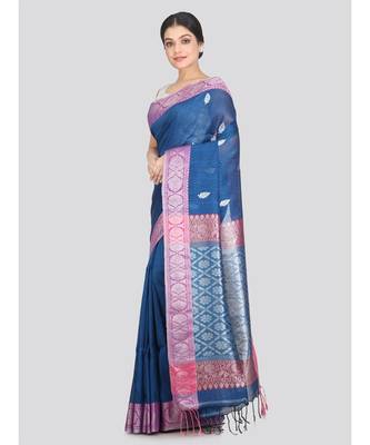 Women's blue pure linen handloom sarees With Blouse 2