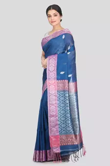 Women's blue pure linen handloom sarees With Blouse