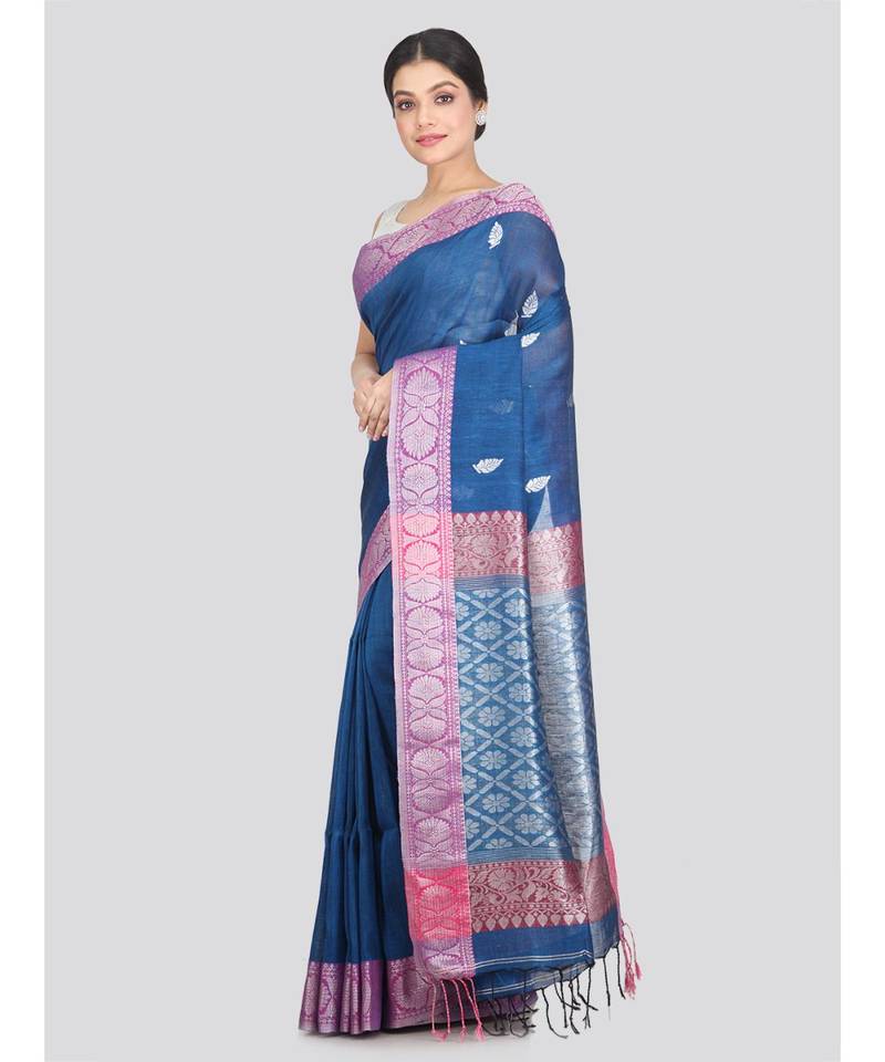 Women's blue pure linen handloom sarees With Blouse