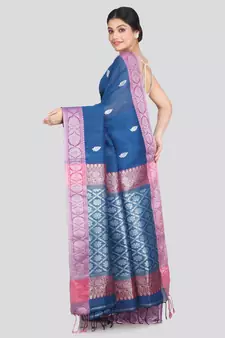 Women's blue pure linen handloom sarees With Blouse