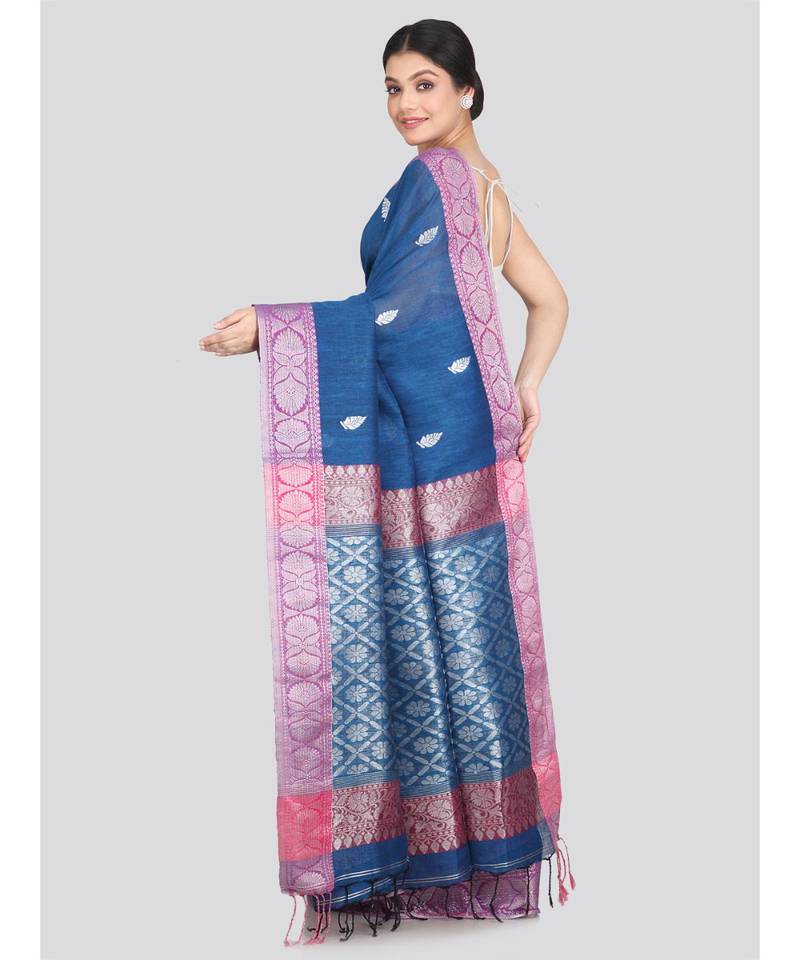 Women's blue pure linen handloom sarees With Blouse