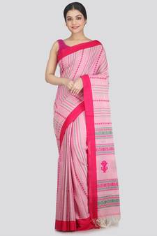 Women's pink pure cotton handloom sarees With Blouse
