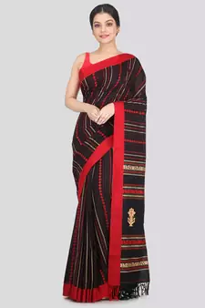 Women's black pure cotton handloom sarees With Blouse