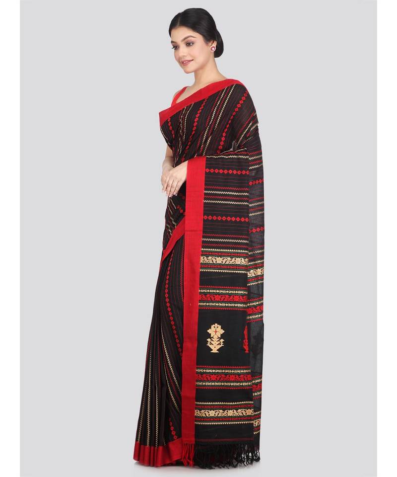 Women's black pure cotton handloom sarees With Blouse