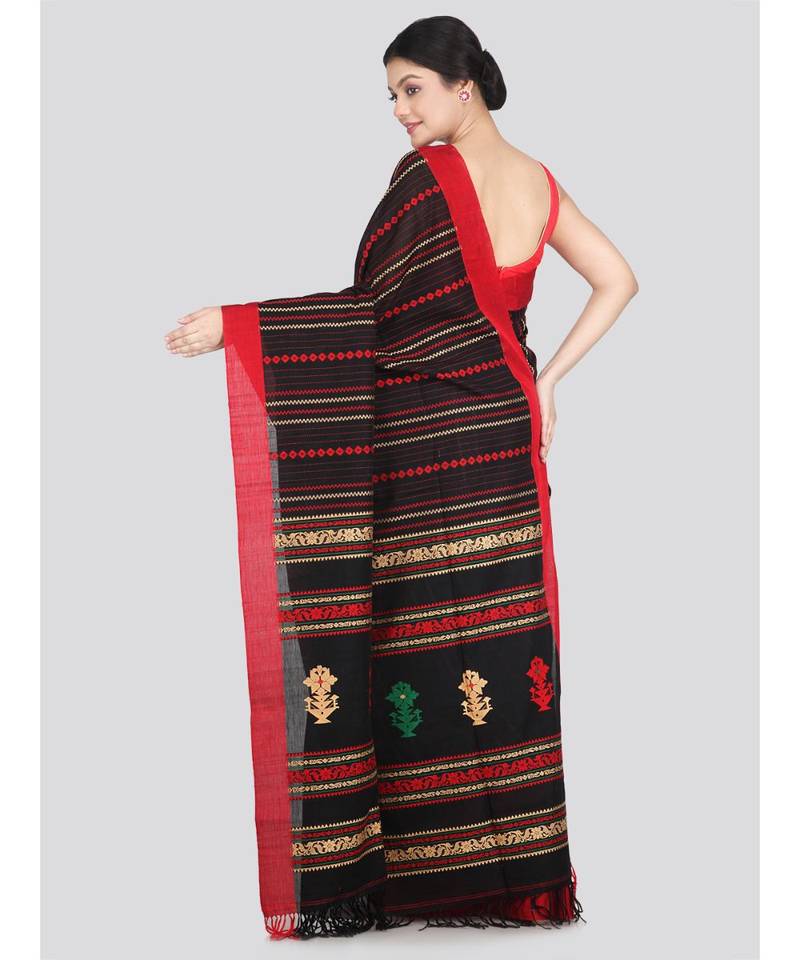 Women's black pure cotton handloom sarees With Blouse