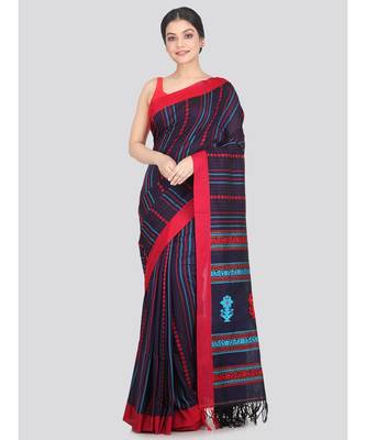 Women's navy blue pure cotton handloom sarees With Blouse 1