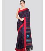 Women's navy blue pure cotton handloom sarees With Blouse