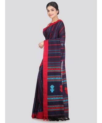 Women's navy blue pure cotton handloom sarees With Blouse 2
