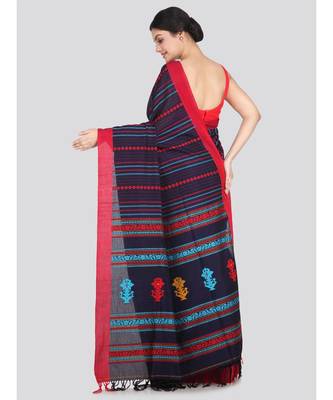 Women's navy blue pure cotton handloom sarees With Blouse 3