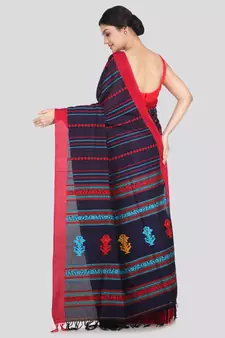 Women's navy blue pure cotton handloom sarees With Blouse