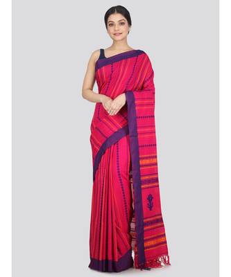 Women's pink pure cotton handloom sarees With Blouse 1