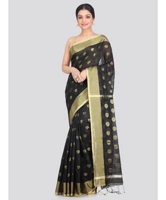 Women's black cotton silk handloom sarees With Blouse 1