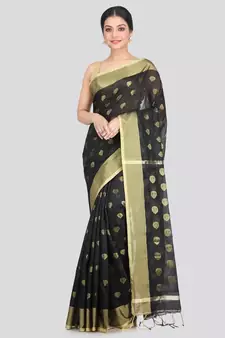 Women's black cotton silk handloom sarees With Blouse